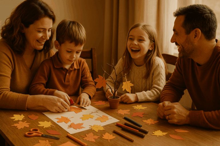 Family making paper gratitude tree at home.