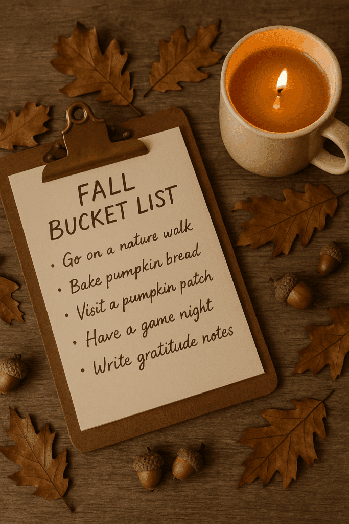 Handwritten fall bucket list with cider and candle.