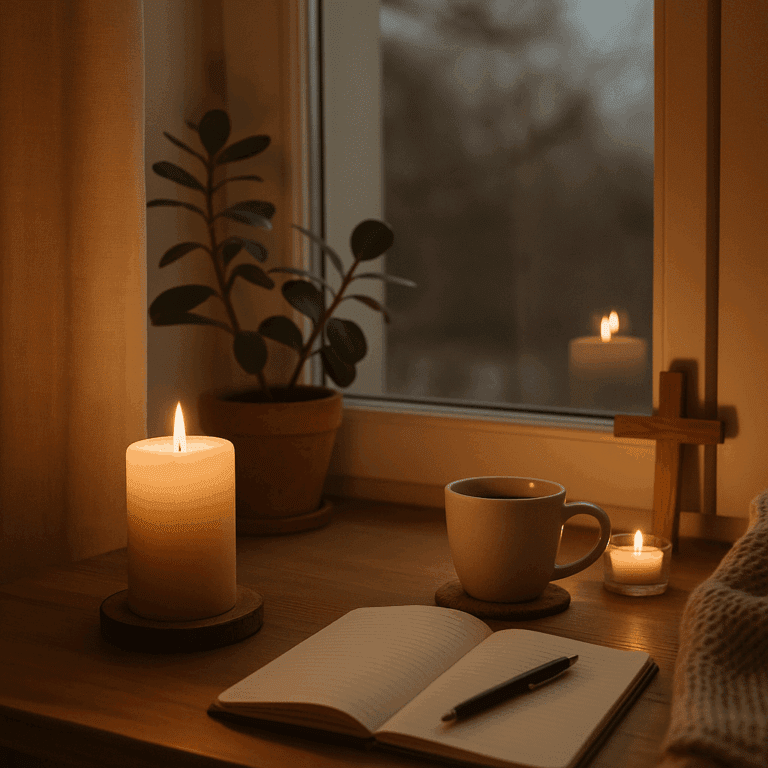 A soft winter evening scene with candles glowing beside a window, an open journal, a wooden cross, and a warm cup of tea. The soft golden light and neutral tones create a peaceful, reflective, and hopeful atmosphere — the perfect visual for finding calm in the midst of a heavy season.