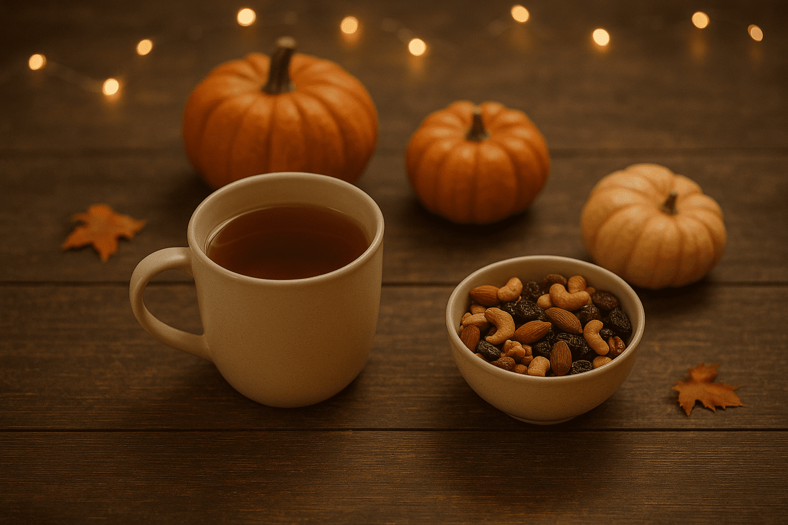 A warm mug of tea and a small bowl of trail mix on a rustic wooden table with pumpkins and fairy lights in the background.