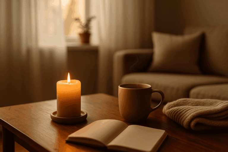 A cozy home scene bathed in soft morning light with a lit candle, a steaming mug, a folded knit blanket, and an open journal on a wooden table. The warm, neutral tones and calm atmosphere create a sense of pre-holiday stillness and reflection.