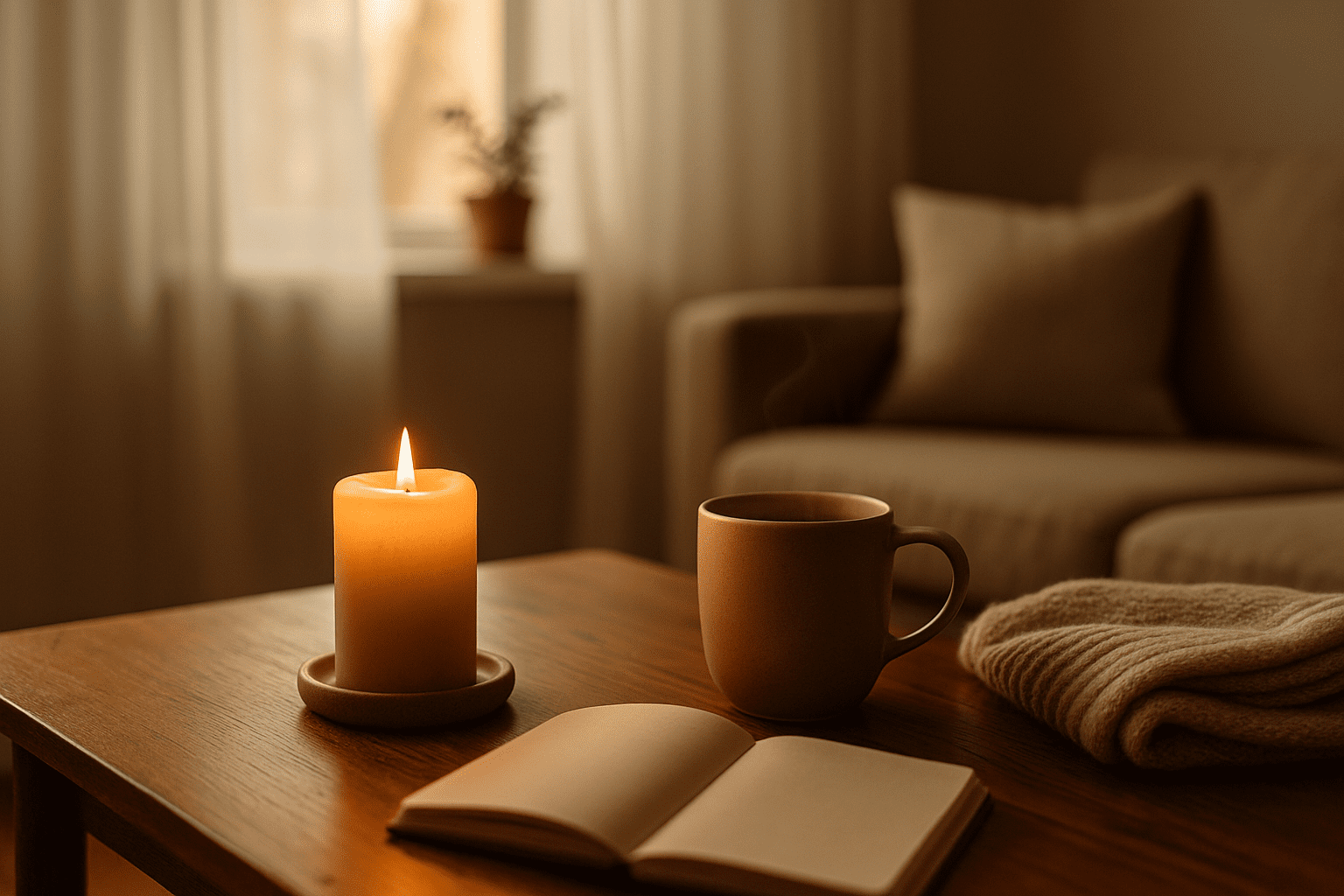 A cozy home scene bathed in soft morning light with a lit candle, a steaming mug, a folded knit blanket, and an open journal on a wooden table. The warm, neutral tones and calm atmosphere create a sense of pre-holiday stillness and reflection.