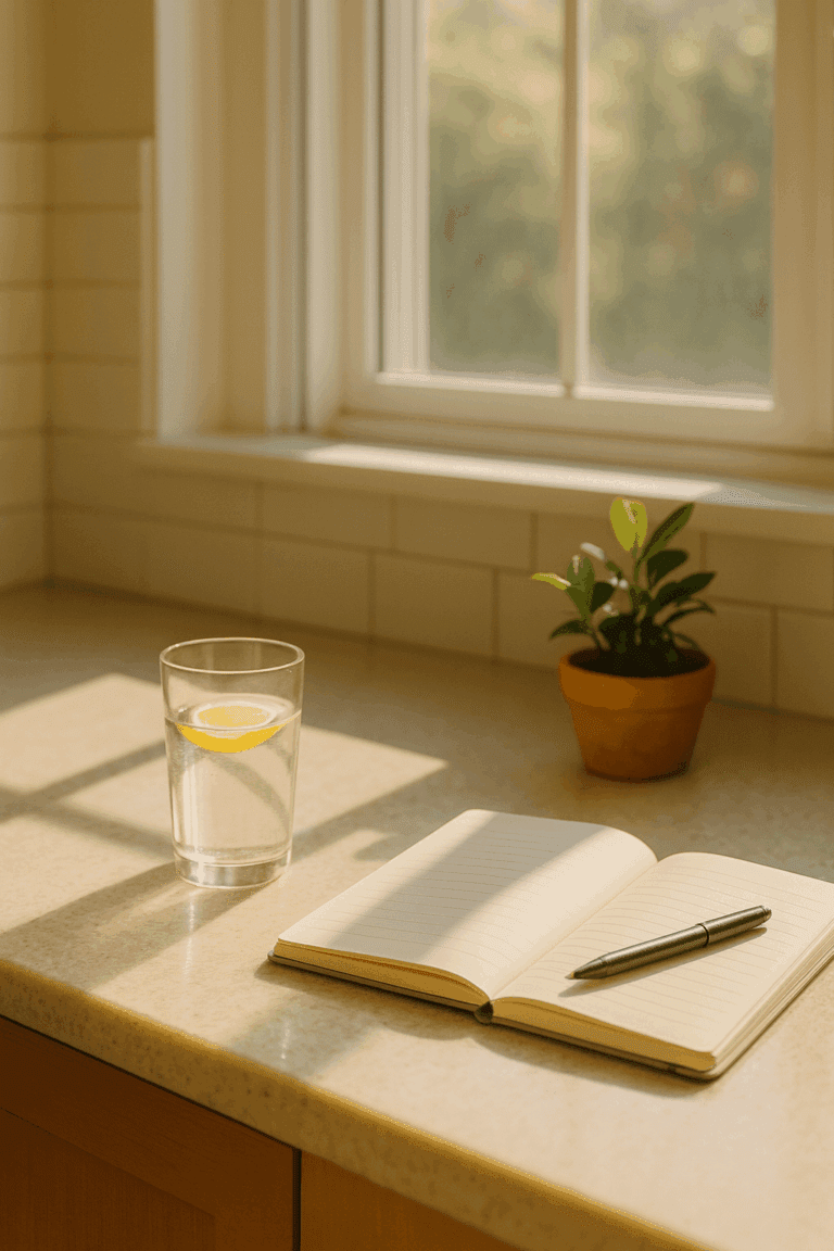 A cozy, sunlit kitchen counter with a glass of lemon water, a small plant, and an open journal with a pen. Overlay text reads “3-Minute Morning Routine to Glow All Day.”
