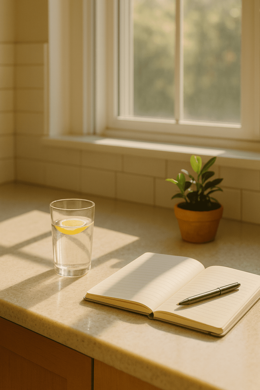 A cozy, sunlit kitchen counter with a glass of lemon water, a small plant, and an open journal with a pen. Overlay text reads “3-Minute Morning Routine to Glow All Day.”