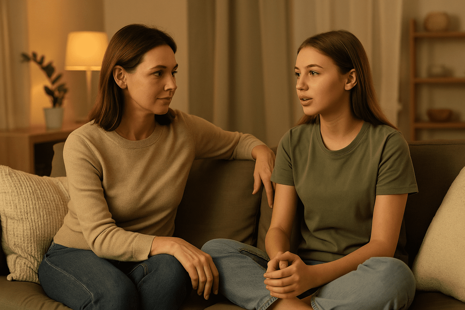 A mother and teenage daughter sit together on a cozy couch, having a calm and supportive conversation in a softly lit living room.