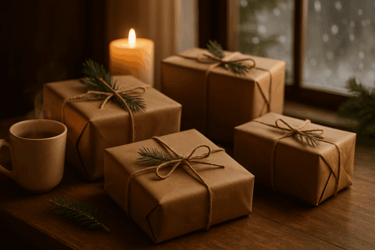 Simple holiday gifts wrapped in brown paper with twine and evergreen sprigs.