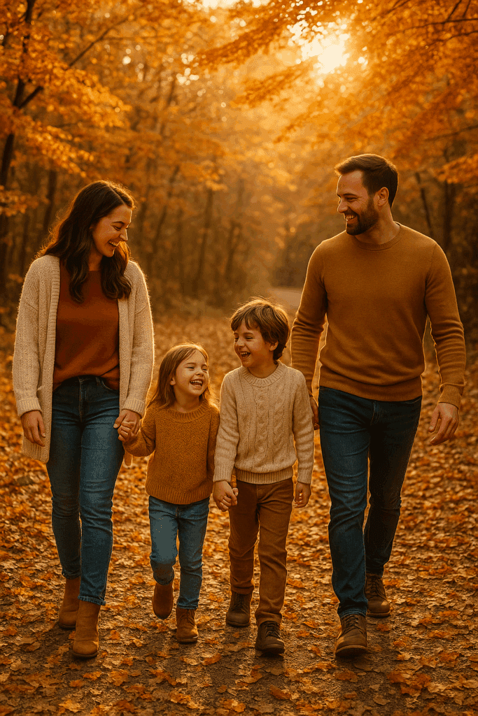 Family walking through fall leaves in golden sunlight.