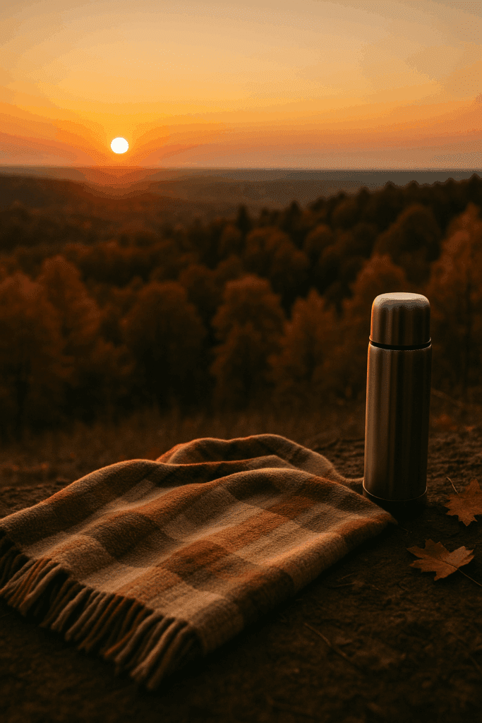 Autumn sunset viewed from picnic blanket, calm reflection scene.