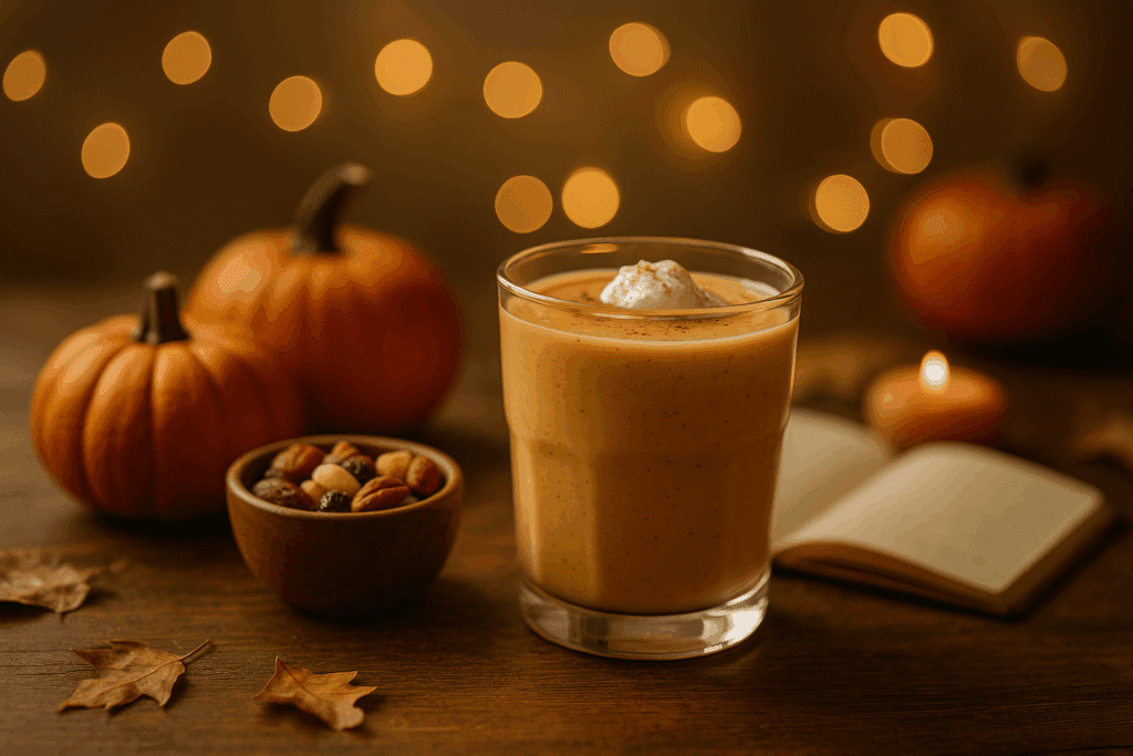 A creamy pumpkin smoothie topped with whipped cream and cinnamon, surrounded by pumpkins, nuts, and warm candlelight on a rustic wooden table.