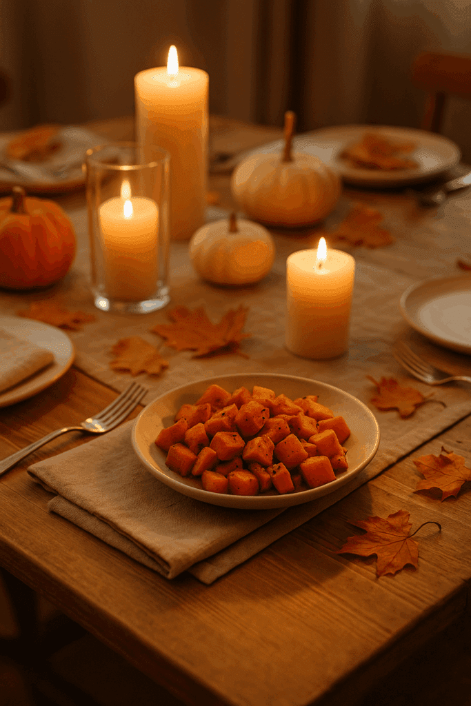A cozy fall table with candles, roasted sweet potatoes, and warm lighting, symbolizing gratitude and togetherness.
