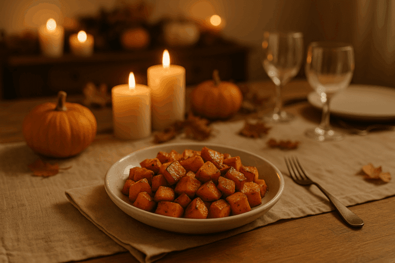 A cozy Thanksgiving table decorated with candles, pumpkins, and a plate of roasted sweet potatoes. Warm fall lighting and neutral linens create a calm, family-centered atmosphere.