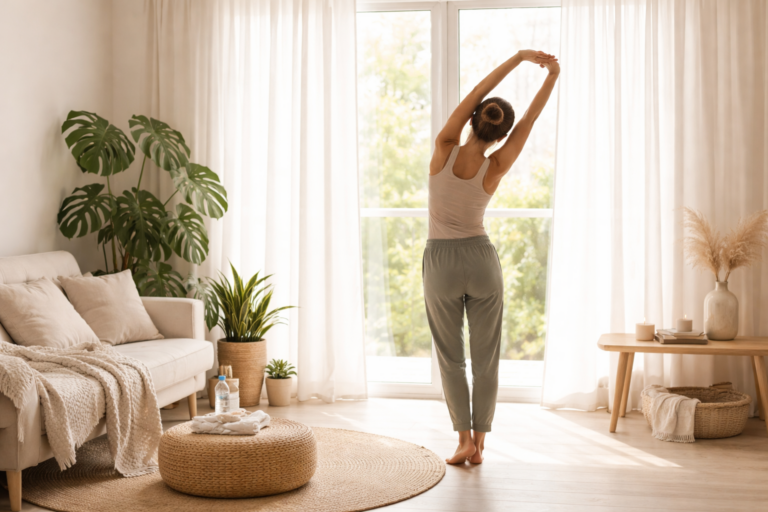 A woman doing gentle stretching near a sunlit window in a calm home wellness space, representing a simple daily lymphatic support routine for moms.