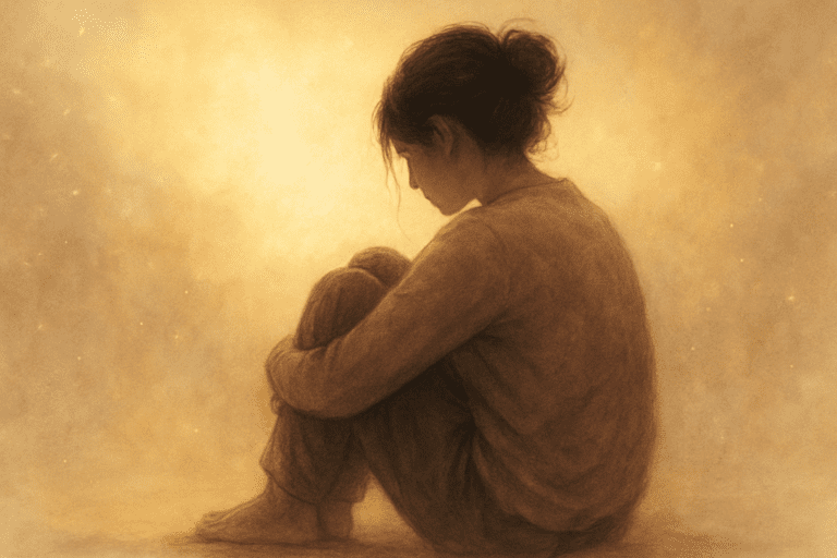 A soft, warm-toned image of a woman sitting in gentle light, symbolizing grief and resilience during pregnancy loss and cancer treatment.
